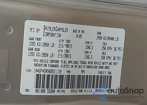 2006 Chrysler Town & Country из США, поврежденный, VIN 1A4GP45RX6B521159